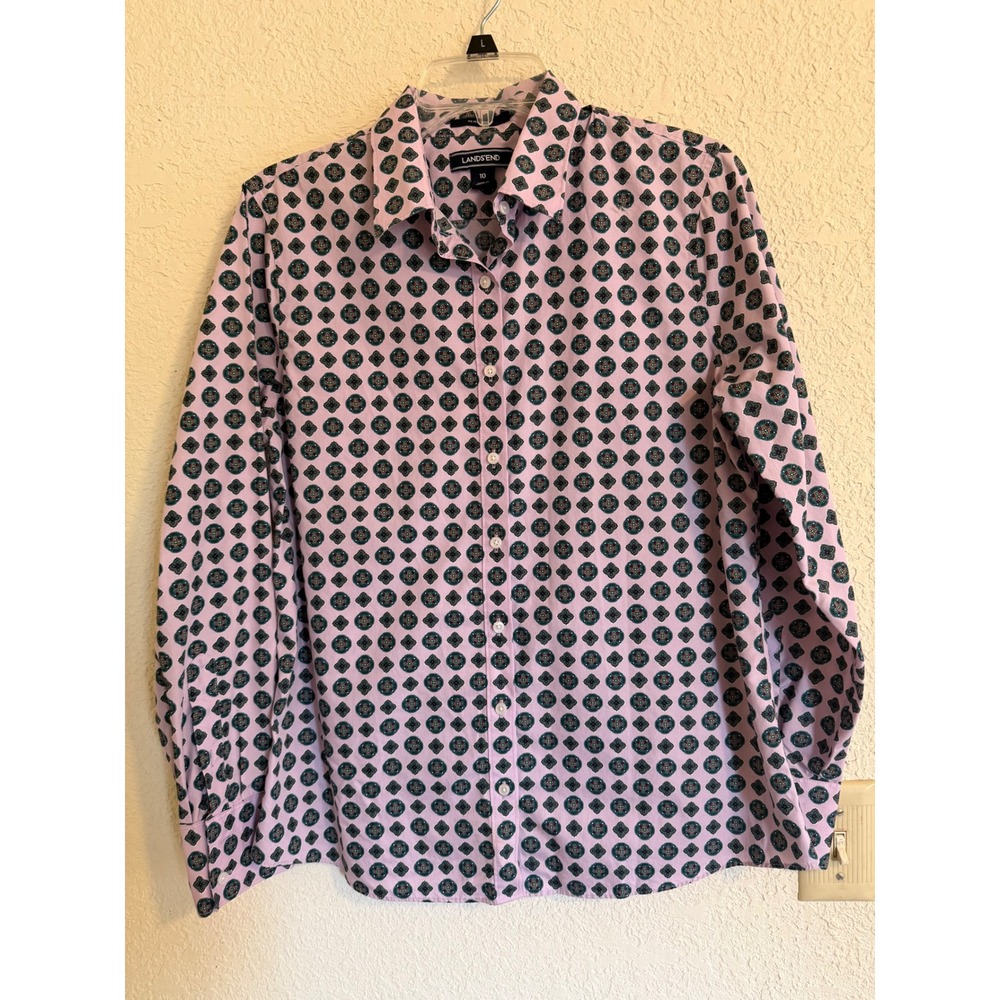 Lands End Womens 10 Pink Lavender Geometric Medallion Cotton Button Down Shirt